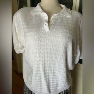 Vintage Alfred Dunner White Knit Polo Sweater Women 2X Textured Short Sleeve USA